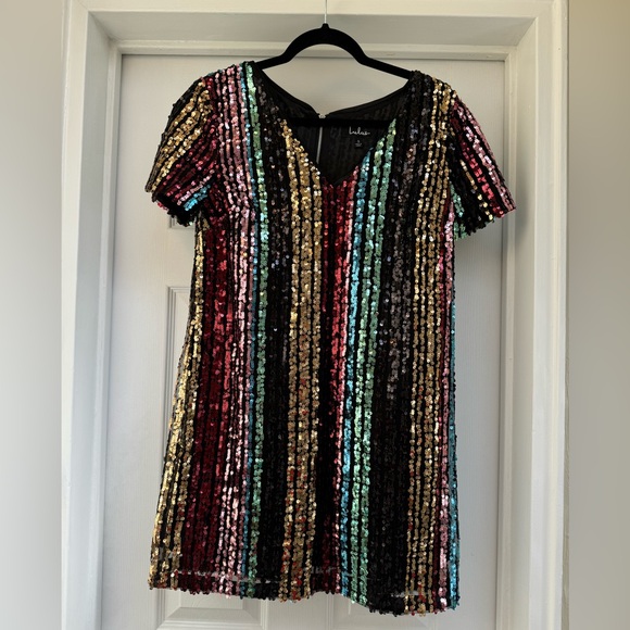 Lulus Multi Color Stripe Sequin Mini Dress - Picture 4 of 10